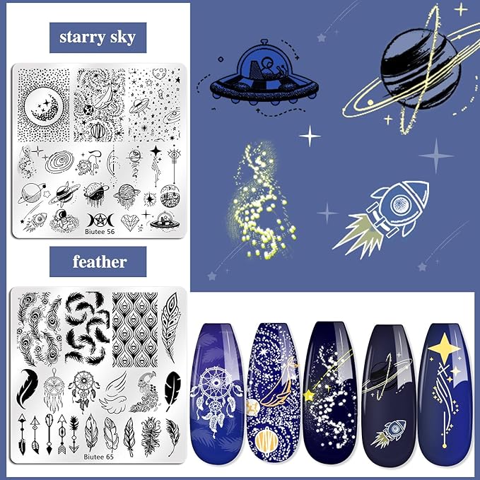 Biutee 15PCS Nail Art Stamping Plate 8 Nail Stamping Gel Polish Nail Stamping Kit Nail Stamper Scraper with Storage Bag, Lace Flower Butterfly Star Design Nail Stamp Template Kit for DIY Nail Art