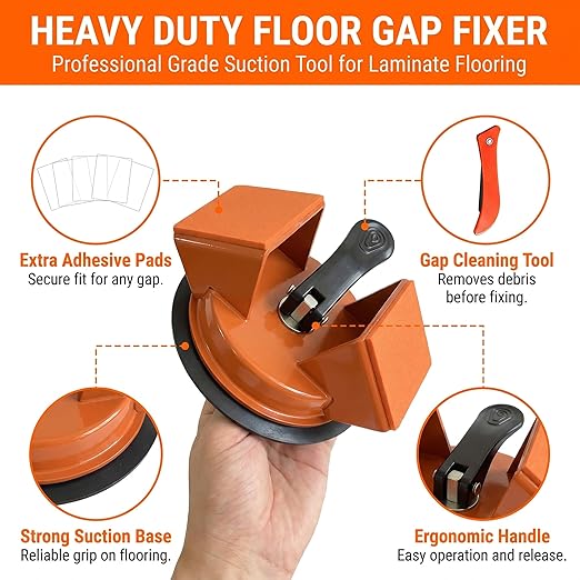Heavy Duty 45° Floor Gap Fixer Tool | Iron Construction with Enhanced Suction Cup | Includes Slot Cutter & 5 Sticky Pads | Laminate & Vinyl Flooring Gap Repair & Installation Tool
