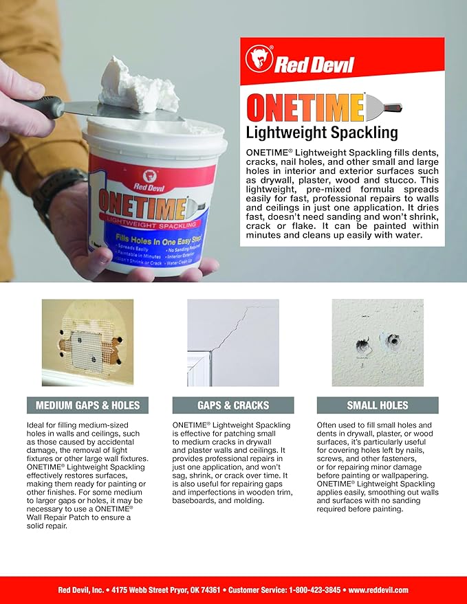 Red Devil 0548 ONETIME Lightweight Spackle Wall Repair, Spackling for Holes Drywall, 1 Pint, White, Made in USA