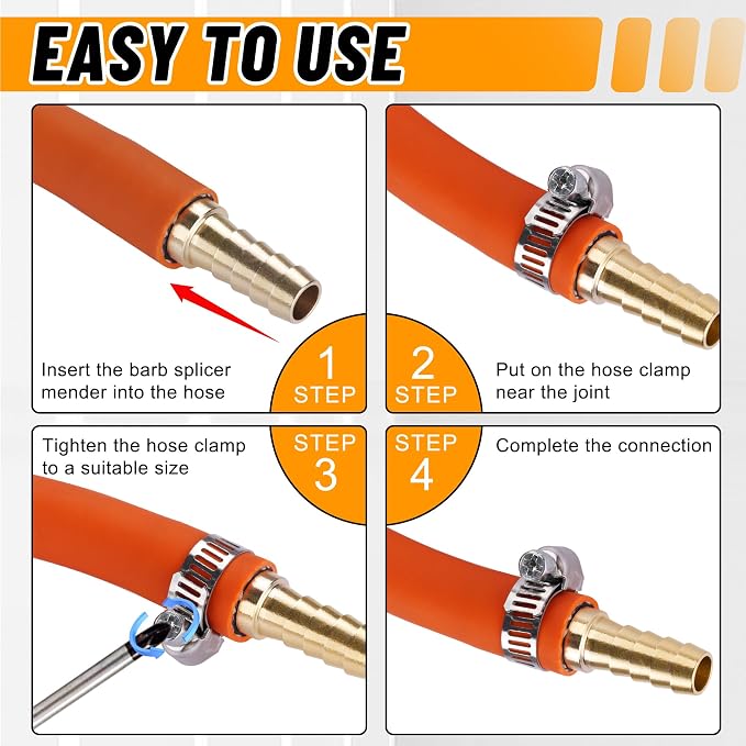 26PCS Brass Hose Barb Fitting,Barb Splicer Mender Hose Fittings 3/16" 1/4" 5/16" 3/8" 1/2" 5/8" with 52Pcs Stainless Steel Pipe Hose Clamps for Air/Fuel/Water/Oil Hose