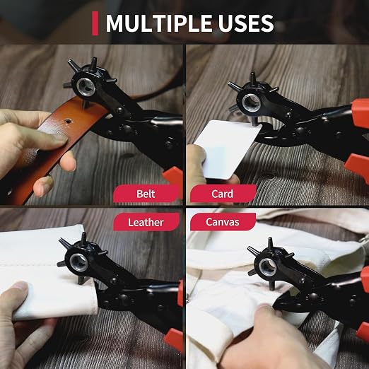 Revolving Punch Plier Kit, XOOL Leather Hole Punch Set for Belts, Watch Bands, Straps, Dog Collars, Saddles, Shoes, Fabric, DIY Home or Craft Projects, Heavy Duty Rotary Puncher, Multi Hole Sizes Make