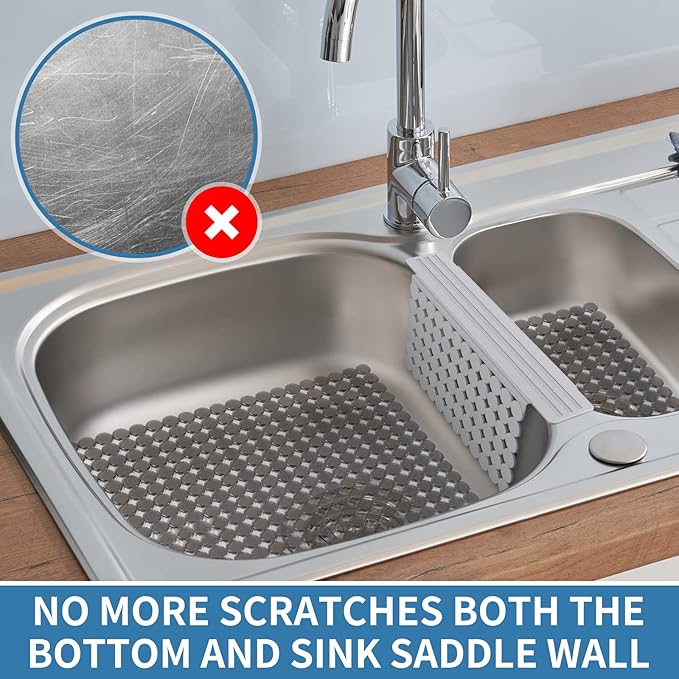 Bligli Plastic Sink Saddle, Sink Divider Mat with Strong Suction Cups, Kitchen Divided Sink Protector Mat for Glassware Dishes, Easy to Clean and No Smell, 9.5" x 12", Grey