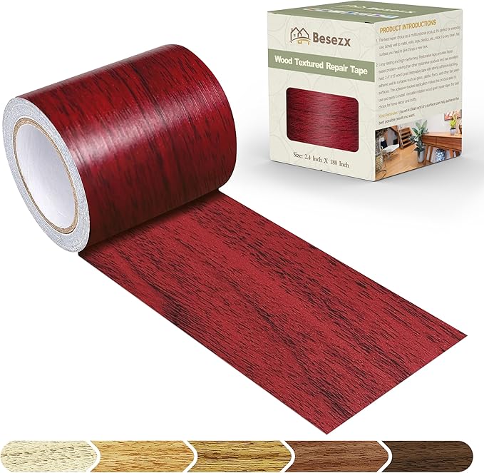 Besezx Wood Grain Tape, 2.4" X15', Self Adhesive Wood Grain Repair Patch for Tables, Chairs, DIY,Baseboards, Doors, Windows, Floors and Furniture Renovation.（Red）