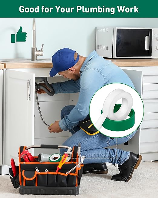 4 Roll Plumbers Tape, -374 to 536 Degree F Temperature Range, Teflon Plumbing Tape, High Density 0.45g/cm, Used for Water Pipes, faucets, valves, L 390 in x W 0.47 in³.Green