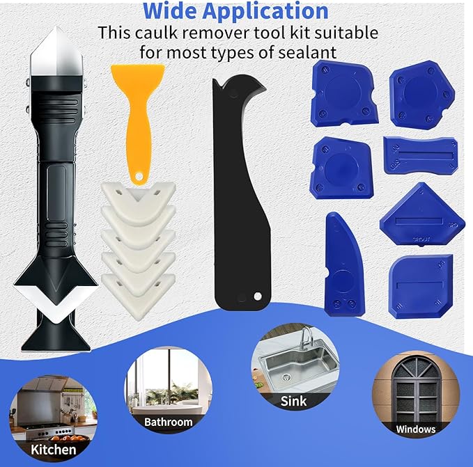 Caulking Tool Kit,Caulk Remover Tool,3 in 1Silicone Caulking Tool Kit, Grout Scraper, Reuse and Replace 5 Silicone Pads, Bathroom, Kitchen, Floor, Window, Sink Joint, Frames Seal Tools (23 PCS)