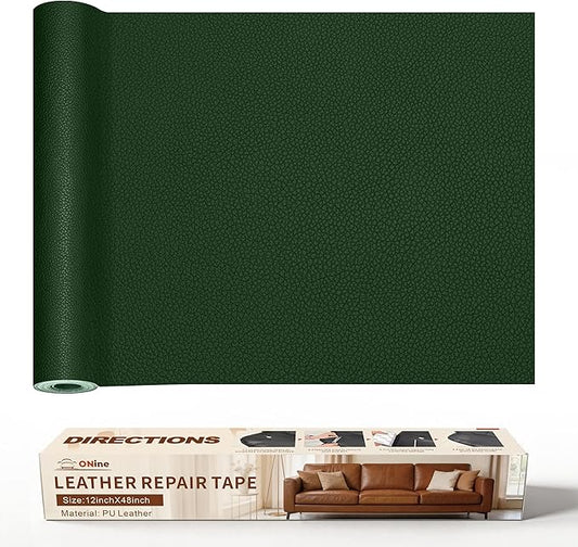ONine Leather Repair Patch，Leather Repair Tape, 12 x 48 inches Leather Repair Patch for Furniture,Vinyl Repair kit，Leather Couch Patch，for Sofas, Furniture, Car Seats(Blackish Green-Litchi Grain)