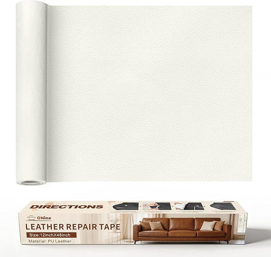 ONine Leather Repair Patch，Leather Repair Tape, 12 x 48 inches Leather Repair Patch for Furniture,Vinyl Repair Kit，Leather Couch Patch，for Sofas, Furniture, Car Seats(White-Litchi Grain)