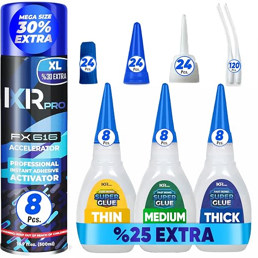 CA Glue with Activator Kit – 24 x 1.75 oz (Thin, Medium, Thick) + 8X 16.9 fl oz Accelerator Spray, Cyanoacrylate Super Glue for Woodworking, 3D Printing, Plastic, Guitar Repair & Hobby Projects