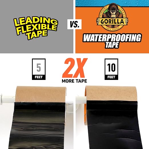 Gorilla Waterproof Patch & Seal Tape, Black Tape, 4" x 10' (Pack of 4) - Permanent Weather Resistant Seal for Leaks and Repairs
