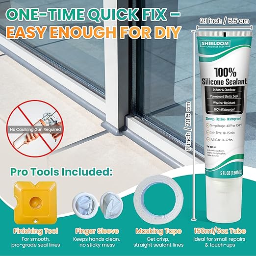 SHIELDOM Silicone Sealant Adhesive Silicone Caulk with Finishing Tool 100% Waterproof Seal Shrink & Crack Proof, Flexible, Strong Adhesion for Automotive, Bathroom, Kitchen, Windows 150ML/5Oz (Black)