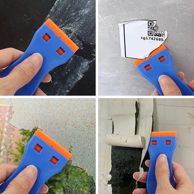 10 Plastic Razor Blade Scraper, 100 Pcs Blades, Remove Label Decal Tool for Stickers, Gaskets and Paints on Window Car Glass