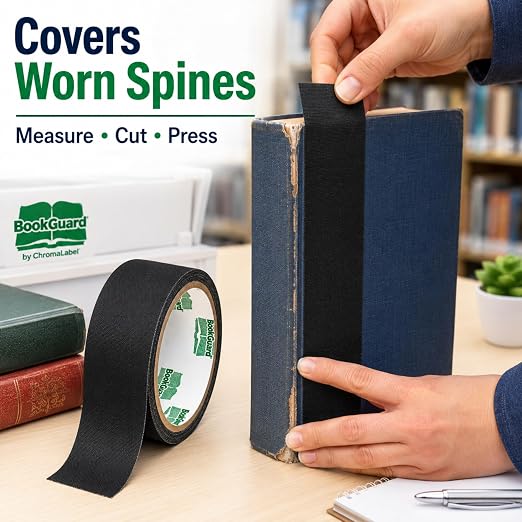 BookGuard Black Bookbinding Tape, 1-1/2 Inch x 15 Yards, 13 Mil Vinyl-Coated Cotton Cloth Book Repair Tape for Book Spine Repair, Library Books, School Books, Hymnals and Bibles