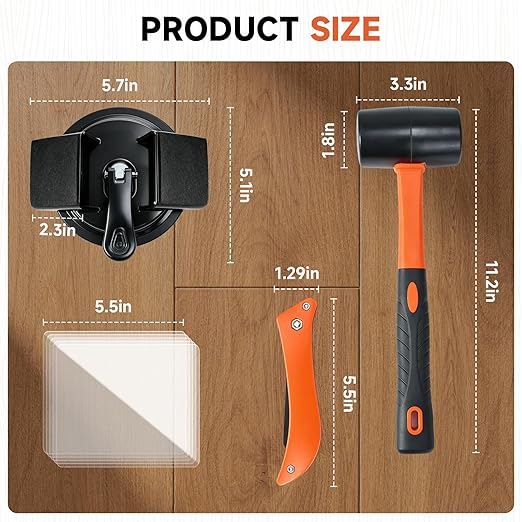 Floor Gap Fixer Tool with Mallet, 45° Impact Design Laminate Flooring Tools, Floor Suction Cup Tool for Gaps with Cleaning Scraper & 5 Sticky Pads for Laminate, Lvp, Vinyl Plank Flooring