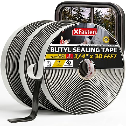XFasten Butyl Putty Tape, Black, 1/8" x 3/4" x 30' (3-Pack) EDPM Butyl Rubber Sealant, Stretchable Camper Butyl Tape, Pool, Headlight and RV Sealant