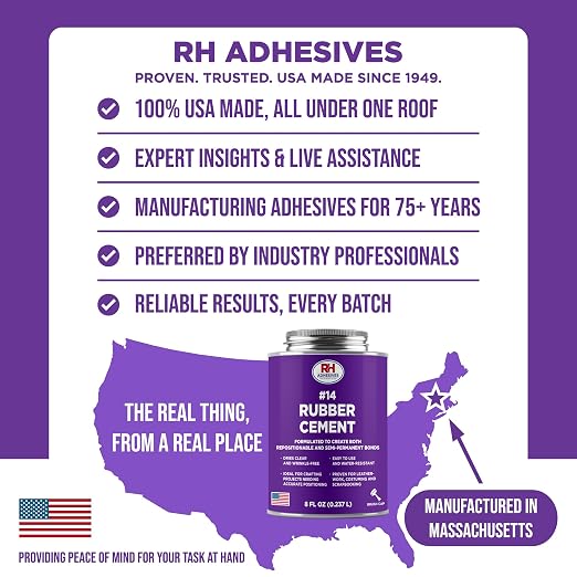 #14 Rubber Cement, 8 oz. can - Crafting, Leather, Upholstery, Costuming, Scrapbooking, DIY, Repostionable, Semi-Permanent - RH Adhesives