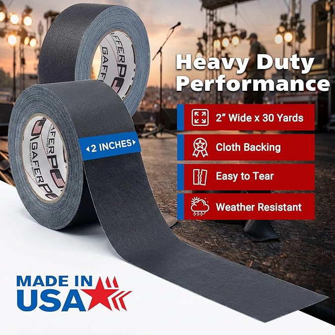 Gaffer Power Black Gaffer Tape 2” x 30 Yards (24 Rolls) – No Residue, Bulk Case, Made in USA, Professional Grade Matte Cloth Tape for Stage, Film & Cable Management