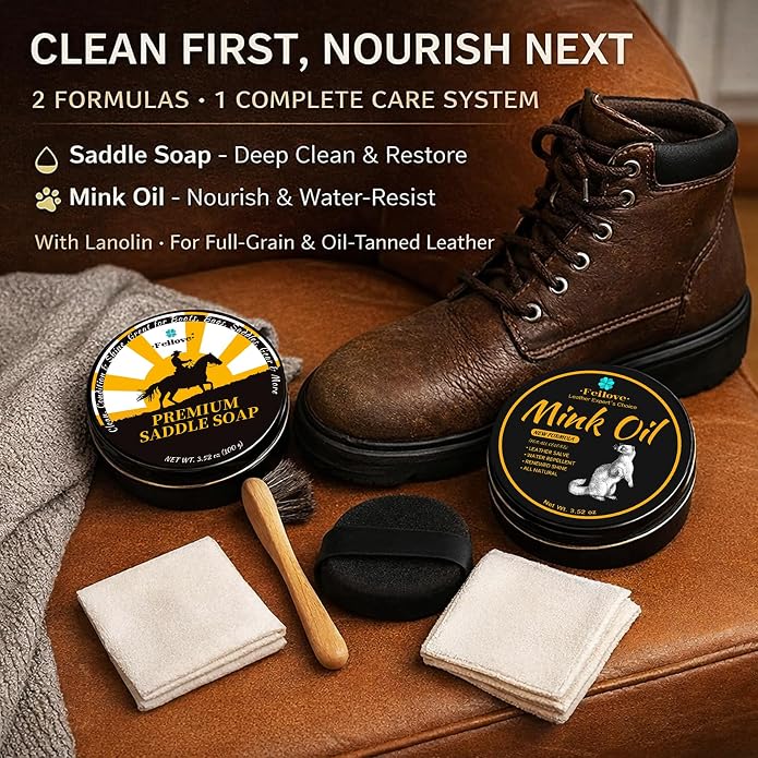 Feilove Leather Boot Care Kit – Mink Oil & Saddle Soap for Leather with Applicators & Cloths – 6-Piece Leather Shoe Care Kit for Cowboy Boots, Work Boots, Shoes & Tack