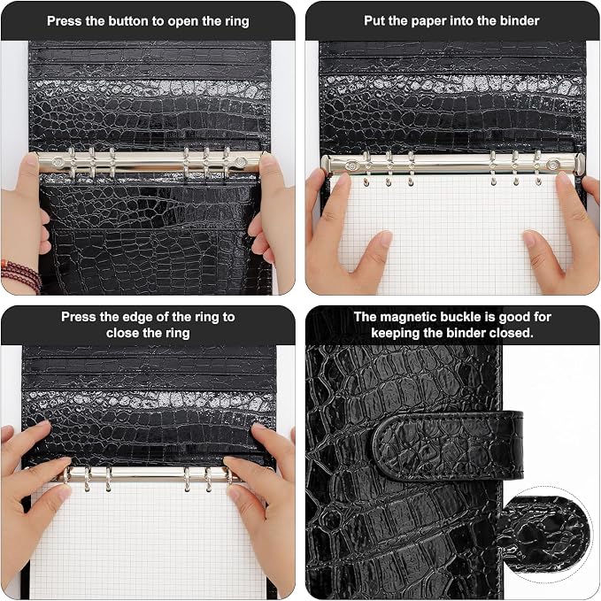 Convend A5/A6 Refillable 6 Ring Binder Cover,Crocodile-Embossed PU Leather with Magnetic Closure, Premium Look and Feel, Compatible with Standard Planner Inserts,(Black)