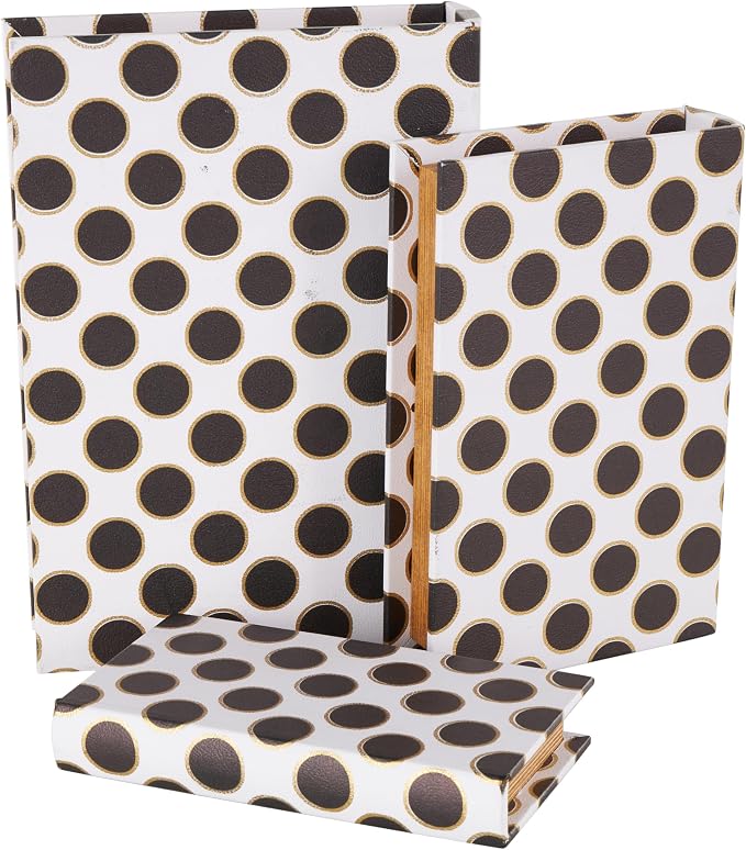 Deco 79 Faux Leather Decorative Box Faux Book Storage Book Shaped Boxes with Black and Gold Circle Patterns, Set of 3 Decorative Keepsake Boxes 13", 11", 9"H, White