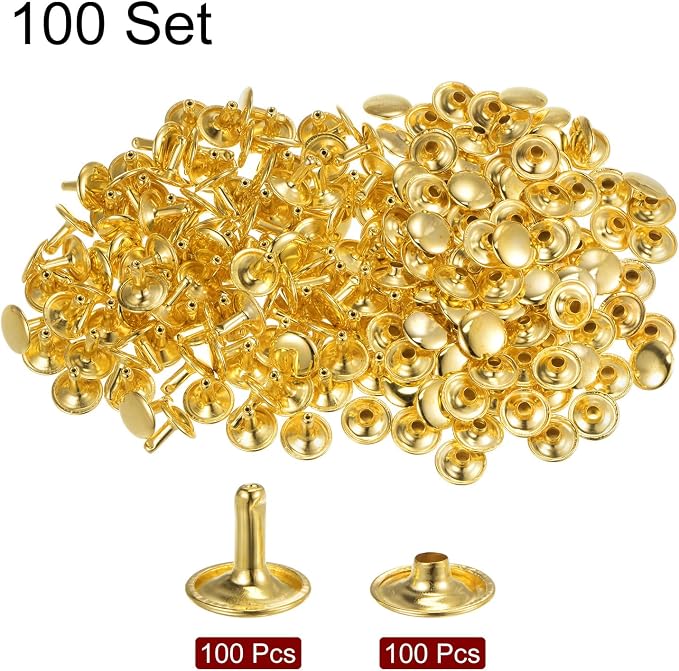 HARFINGTON 100 Sets Leather Rivets 12 x 12mm Metal Double Cap Rivet Snaps Studs Fasteners with 3pcs Setting Tools Rivets for Leather Craft DIY Repair Decoration, Gold Tone