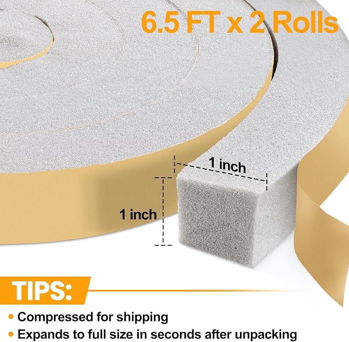 High Density Foam Tape Air Conditioner Window Seal, 1x1 Inch Thick Foam Stripe with Adhesive for Window AC Insulation, Weather Stripping for Doors and Windows Insulation, AC Foam Tape, Gray