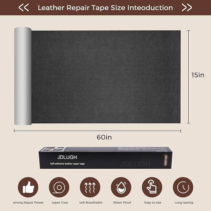 JDLUGH Sofa Leather Repair Patch Tape, Large Self Adhesive Couch, Car Seat, Office Chair, Leather Furniture, Vinyl Repair Patch Kit for Furniture(15x60 Inch, Dark Grey)
