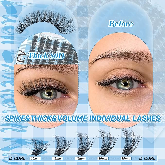 Lash Clusters 3D Volume Eyelash Clusters 10-18mm Thick Individual Lashes 280pcs D Curly Cluster Eyelash Extensions Soft DIY Lash Extension At Home(0.05D,80D)