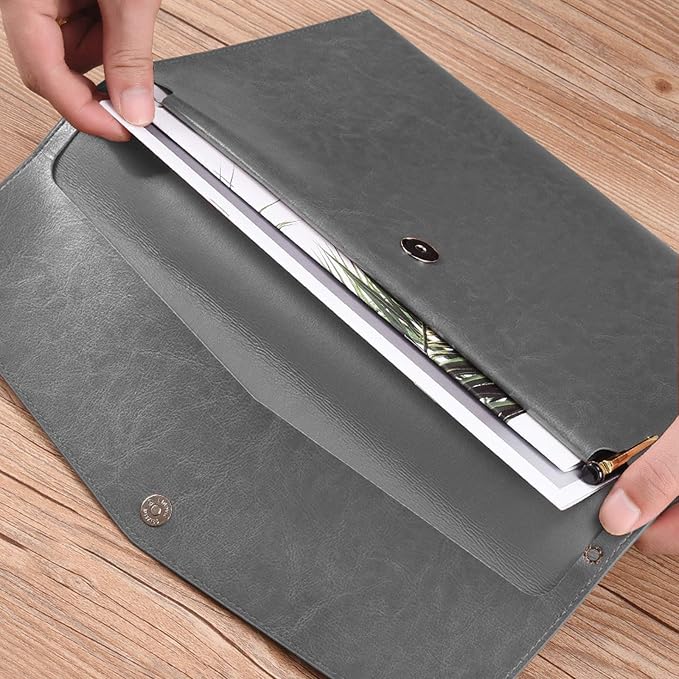 PU Leather A4 File Folder Document Holder Envelope Folder Case with Snap Closure for Receipt Contract Gray