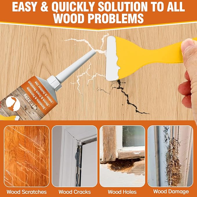 Wood Filler, 7.76 oz Paintable & Sandable Wood Putty –Low Odor, Shrink & Crack Resistant-Quick Repair for Cracks, Holes and Damage-For Indoor & Outdoor Wood Repair(White)