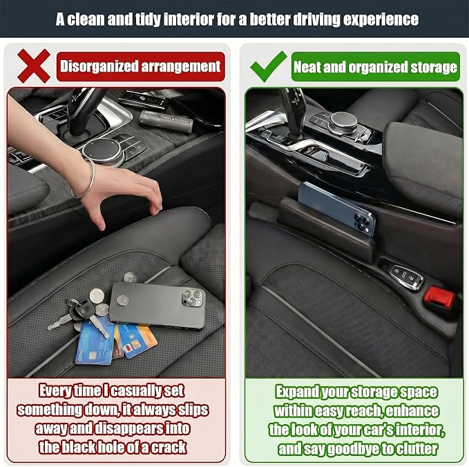 2PCS Car Seat Gap Filler, PU Leather Seat Gap Filler Strip, Anti-Drop Car Seat Gap Plug Catcher, Car Gap Seat Filler Between Seats for Cars SUVs Trucks (Black)