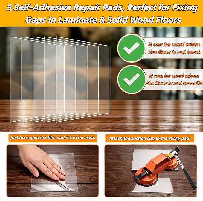 Heavy Duty Floor Gap Fixer Tool, Iron Construction with Enhanced Suction Cup & 5 Sticky Pads+Rubber Mallet, 45° Striking Surface, Perfect for Laminate & Solid Wood Floor Gap Repair