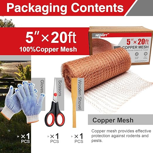 5 Inch×20 ft Copper Mesh Rodent Control, 100% Pure Copper Barrier for Mice Rat and Snail, Gap Filler for Home Repair and Gardening, Includes Scissors, Gloves and Trowel