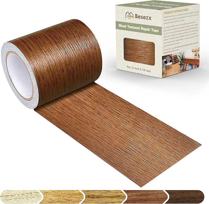Besezx Wood Grain Tape, 2.4" X15', Self Adhesive Wood Grain Repair Patch for Tables, Chairs, DIY,Baseboards, Doors, Windows, Floors and Furniture Renovation.（Raw Wood Grain）