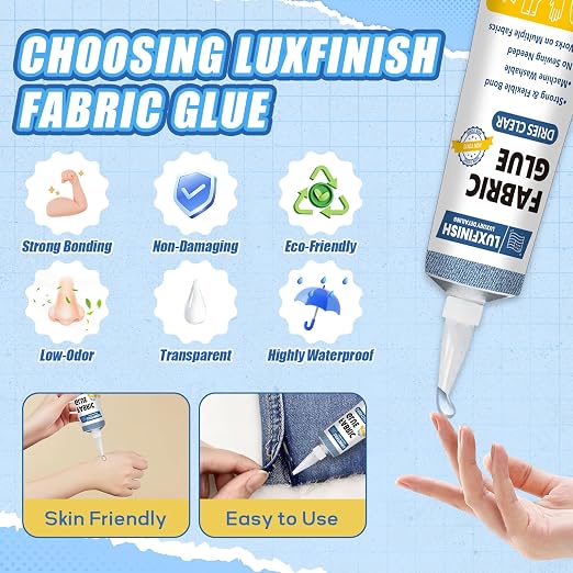 Permanent Fabric Glue for Patches on Clothes - Washable, Clear & Flexible Multi-Purpose Fabric Adhesive for Denim, Leather, Cotton, Polyester - Extra Strong Bond for Doll Repair & Crafts (50g/1.76oz)