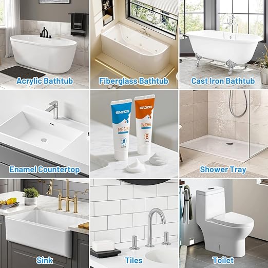 Bath Repair Kit White, Endhokn Enamel, Porcelain, Acrylic, Fiberglass, Ceramic Sink, Tub Tile Toilet Shower Kit & Tray & Chip & Pedestal Crack Hole Scratches Repair
