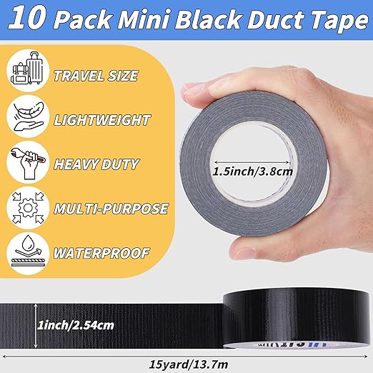 10 Pack Mini Black Duct Tape, 1" X 150 Yards Travel Size Duct Tape, Pocket Size Heavy Duty Waterproof No Residue Tear by Hand, Multi-Use for Indoor & Outdoor Repairs, travel camping DIY projects