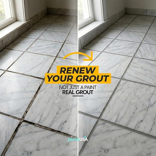 PentaUSA Tile Grout Repair Kit with Removal Tool - Premixed Acrylic Sanded Grout Filler for Bathroom, Shower, and Kitchen, Includes Applicator Spatula, and Sponge - (Gray) (8.8oz / 250g)