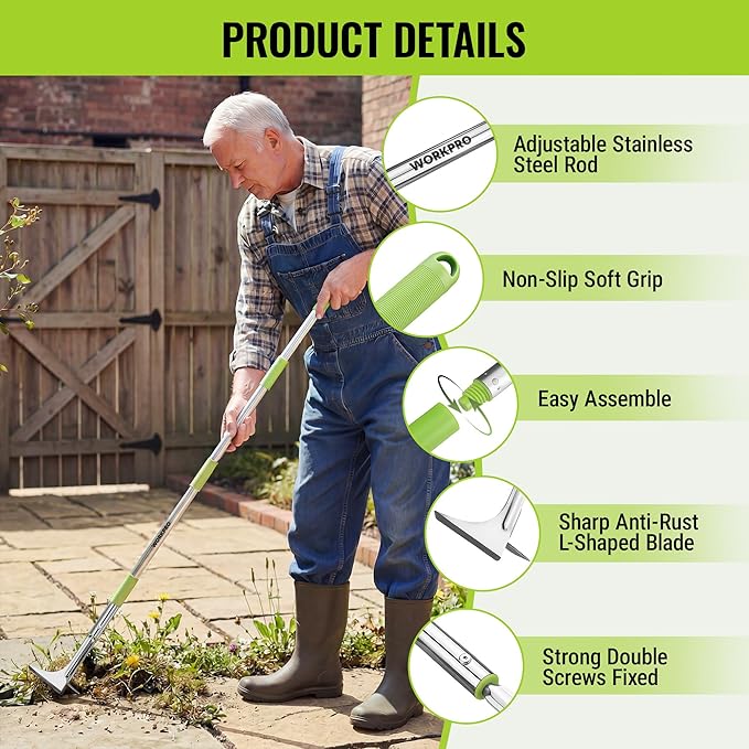 WORKPRO Crack Weeder, Stainless Steel Crevice Weeding Tool with Adjustable Long Handle(27"-54"), L-Shaped Weed Removal Scraper, for Garden Lawn Yard Patio Terrace Paving Garden Hand Tool