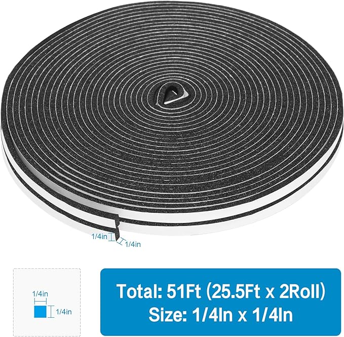 Foam Insulation Tape, 1/4In x 1/4In x 51Ft Weather Stripping Door Seal Strip for Doors and Windows,Sliding Door, Soundproofing Door Seal,Weatherstrip,Air Conditioning Seal Strip