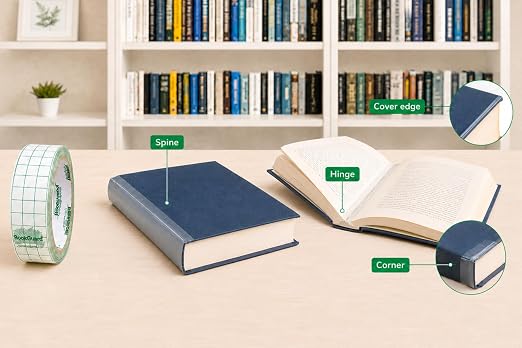 BookGuard 2 Inch Clear Vinyl Book Repair Tape with Grid Liner, 10 yd Roll, Matte Non-Glare Book Binding Tape for Spines, Covers, Pages, Library Book Repair, Schools, Hymnals