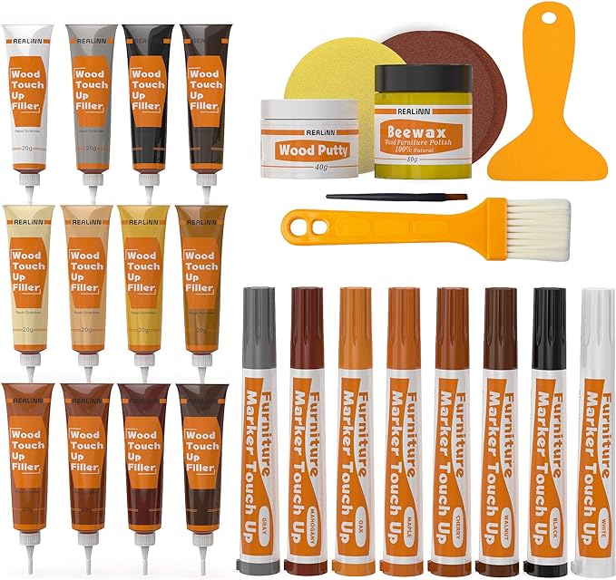 REALINN Wood Furniture Repair Kit- Set of 28 - Touch Up Markers, Fillers with Wood Putty - Repair Scratch, Cracks, Hole, Discoloration for Wooden Door, Floor, Table, Cabinet