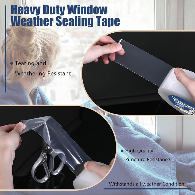 Breliter Heavy Duty Window Weather Sealing Tape - Transparent Window Tape for Winter and AC Insulation, No Mess Winter Window Seal Kit - 2 Inch Wide 180 FT Long