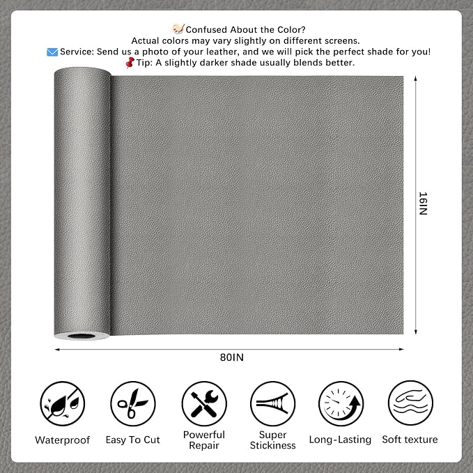 Gray Leather Repair Tape, 16x80 Inch Leather Repair Patch Self-Adhesive, Waterproof Faux Leather Patch, Vinyl Repair Tape for Couch, Sofas, Furniture, Office Chair, Car Seats
