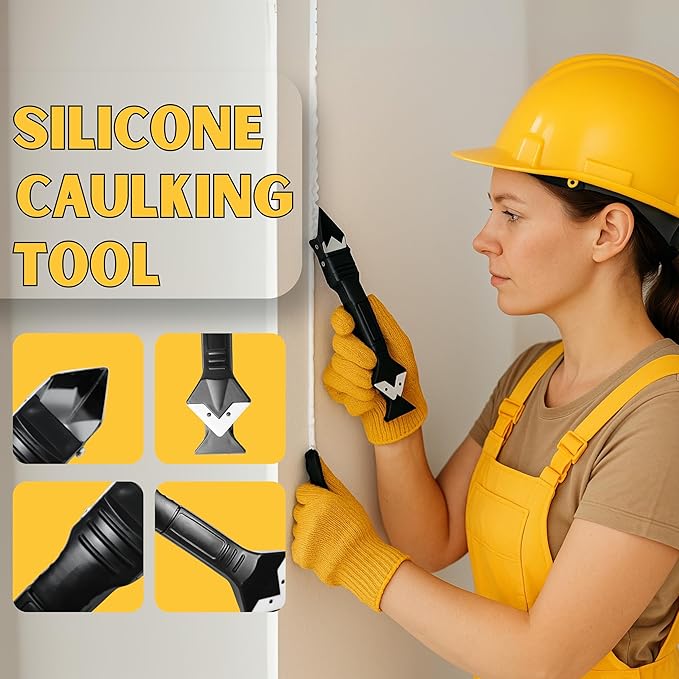 Caulking Tool 5 in 1 Silicone Caulking Tool Kit Sealant Finishing Tool Grout Remover Scraper Caulk Removal Tool with Replaceable Silicone Pads for Bathroom Kitchen Window Sink Tile Joint