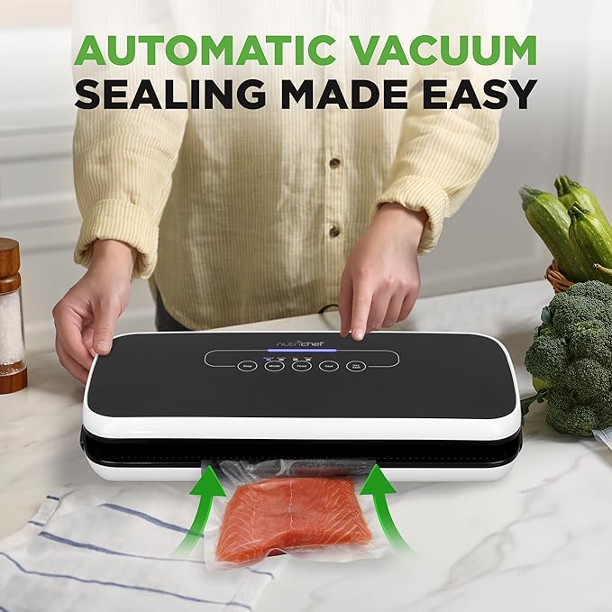 NutriChef Automatic Vacuum Sealer for Food | Electric Food Vacuum Sealing Machine with LED Controls | Strong Suction for Dry & Moist Foods | Includes Bags, Hose & Wine Stopper | Compact Size 14”x6"x3”