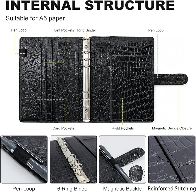 Convend A5/A6 Refillable 6 Ring Binder Cover,Crocodile-Embossed PU Leather with Magnetic Closure, Premium Look and Feel, Compatible with Standard Planner Inserts,(Black)