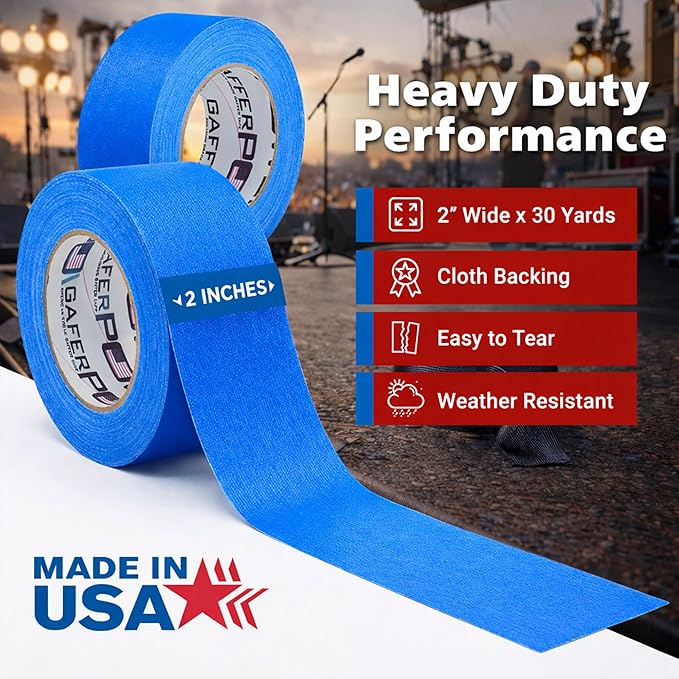 Gaffer Power Electric Blue Gaffer Tape 2” x 30 Yards – No Residue, Made in USA, Professional Grade, Non-Reflective Matte Cloth Tape for Stage, Photography & Cable Management