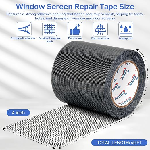 Window Screen Repair Tape 4 in x 40 FT Fiberglass Strong Adhesive Screen Patch, Waterproof Mesh Repair Kit for Window & Door Screen Holes Tears - Black