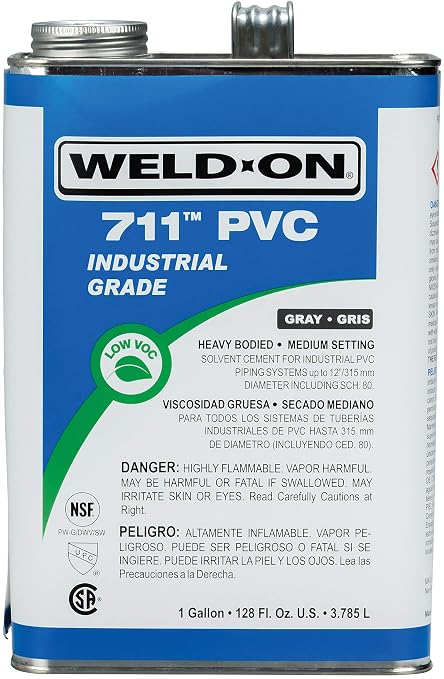 Weld-On 10117 711 Industrial Grade PVC Heavy-Bodied High Strength Solvent Cement - Medium-Setting and Low-VOC, Gray, 1 Gallon (128 fl oz)