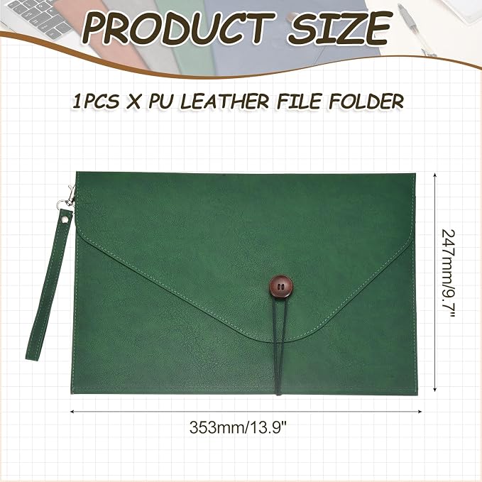 PATIKIL Leather Folder, 14x10 Leather Document Holder File Folder PU Pouch Bag Portfolio File Organizer Handbag Button Personal Envelope Waterproof for Traveling Men Gift, Green